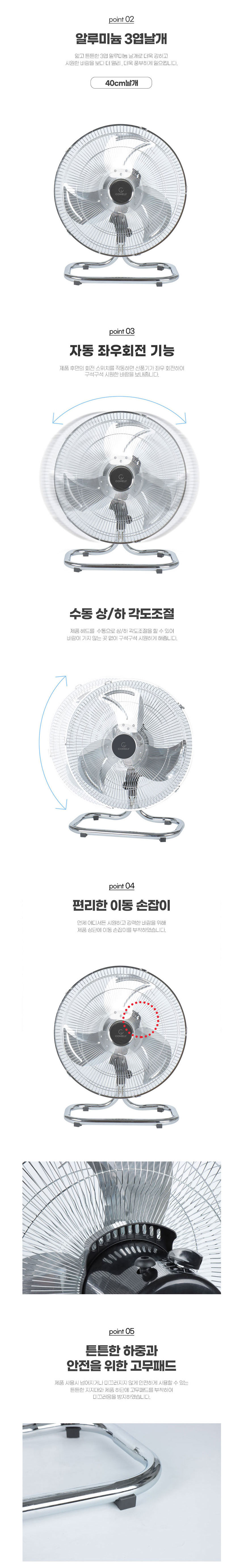 선풍기,편리한손잡이,공업용선풍기,3단풍속,메탈선풍기,좌우회전,3엽날개,수동상하각도조절