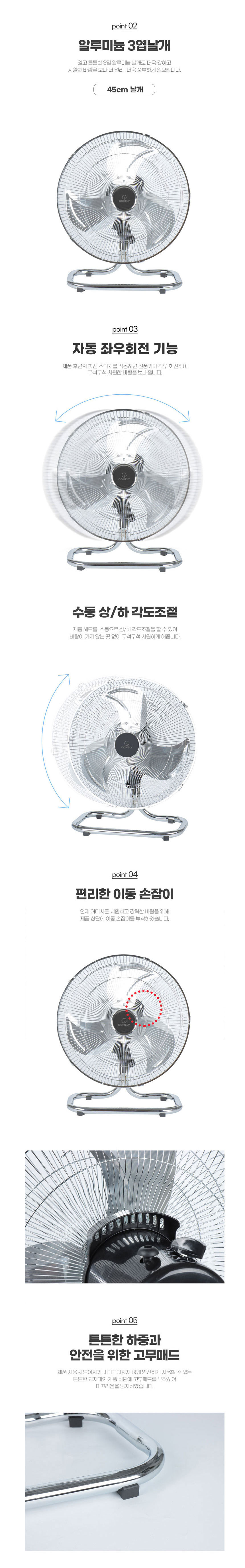 선풍기,편리한손잡이,공업용선풍기,3단풍속,메탈선풍기,좌우회전,3엽날개,수동상하각도조절